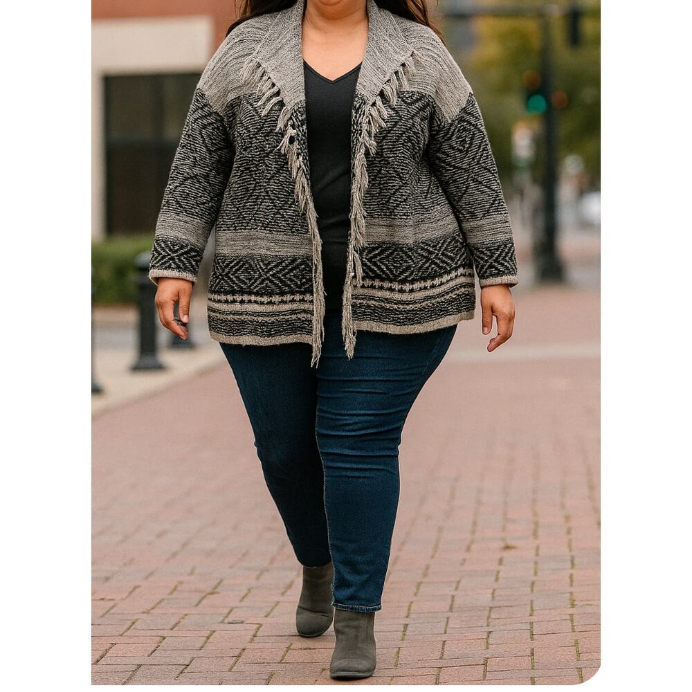 J.Jill size 3X cardigan, black/gray/cream pockets 3/4 Boho fringe open front